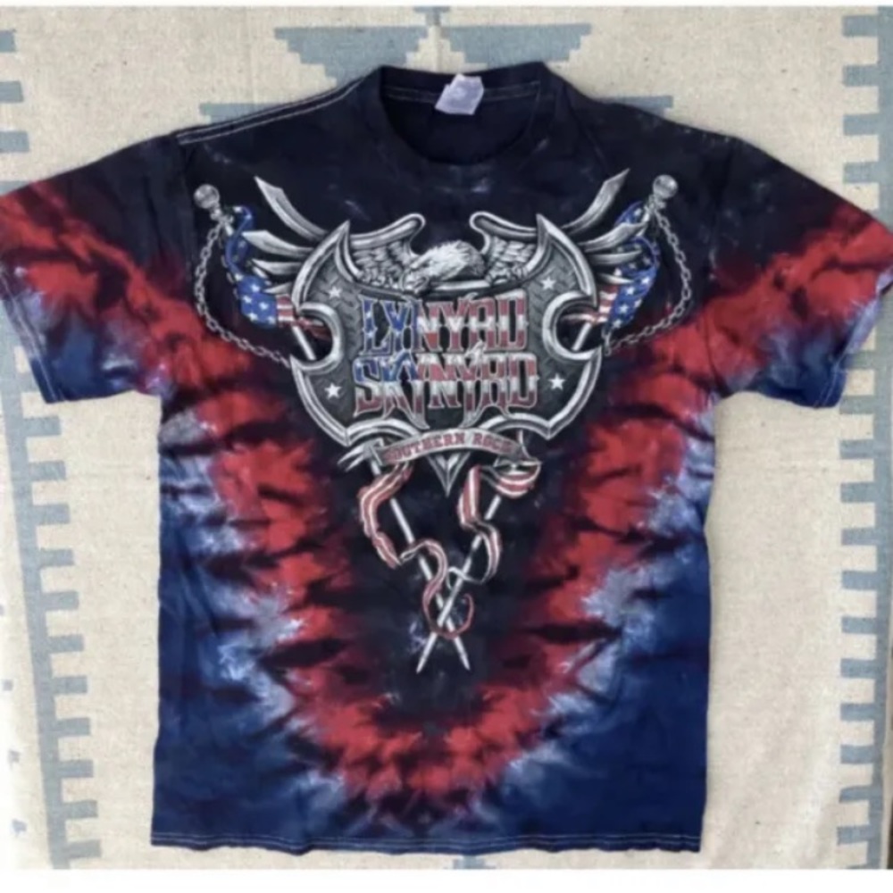 Y2K Lynyrd Skynyrd American Flag & Eagle Tie Dye Band T-Shirt Black Red blue M